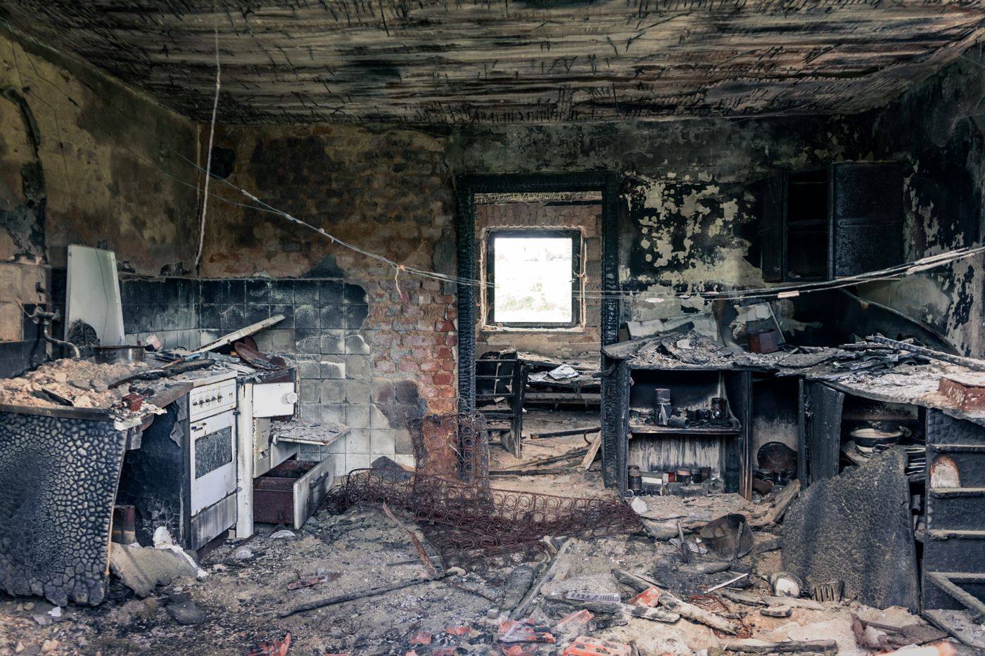 A fire-damaged kitchen